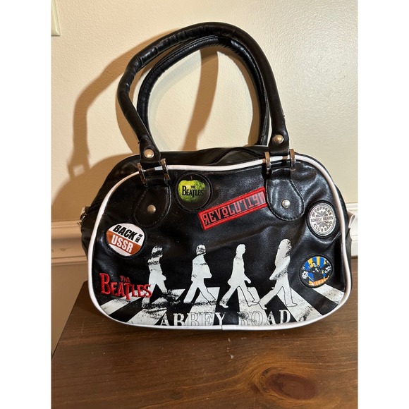The Beatles Handbags - The Beatles Abbey Road Black Faux Leather Bowler Bag Satchel Rock Band Patches